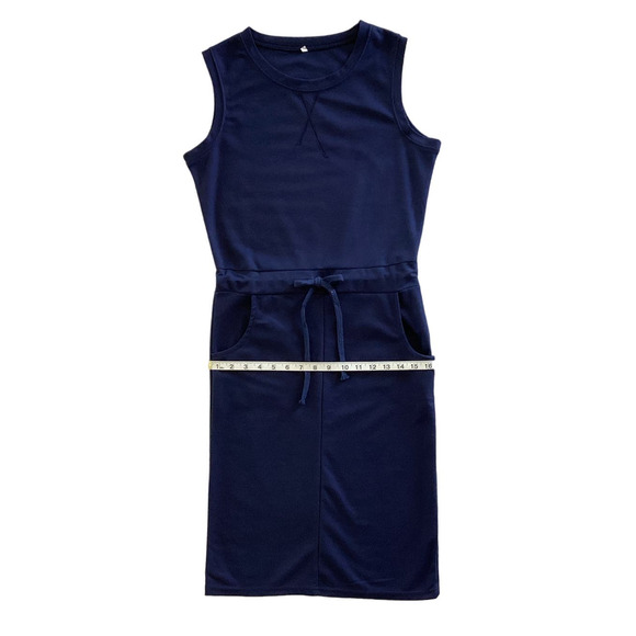 Essentials Basic Sleeveless Casual Drawstring Midi Dress Navy Size Medium - Picture 9 of 10